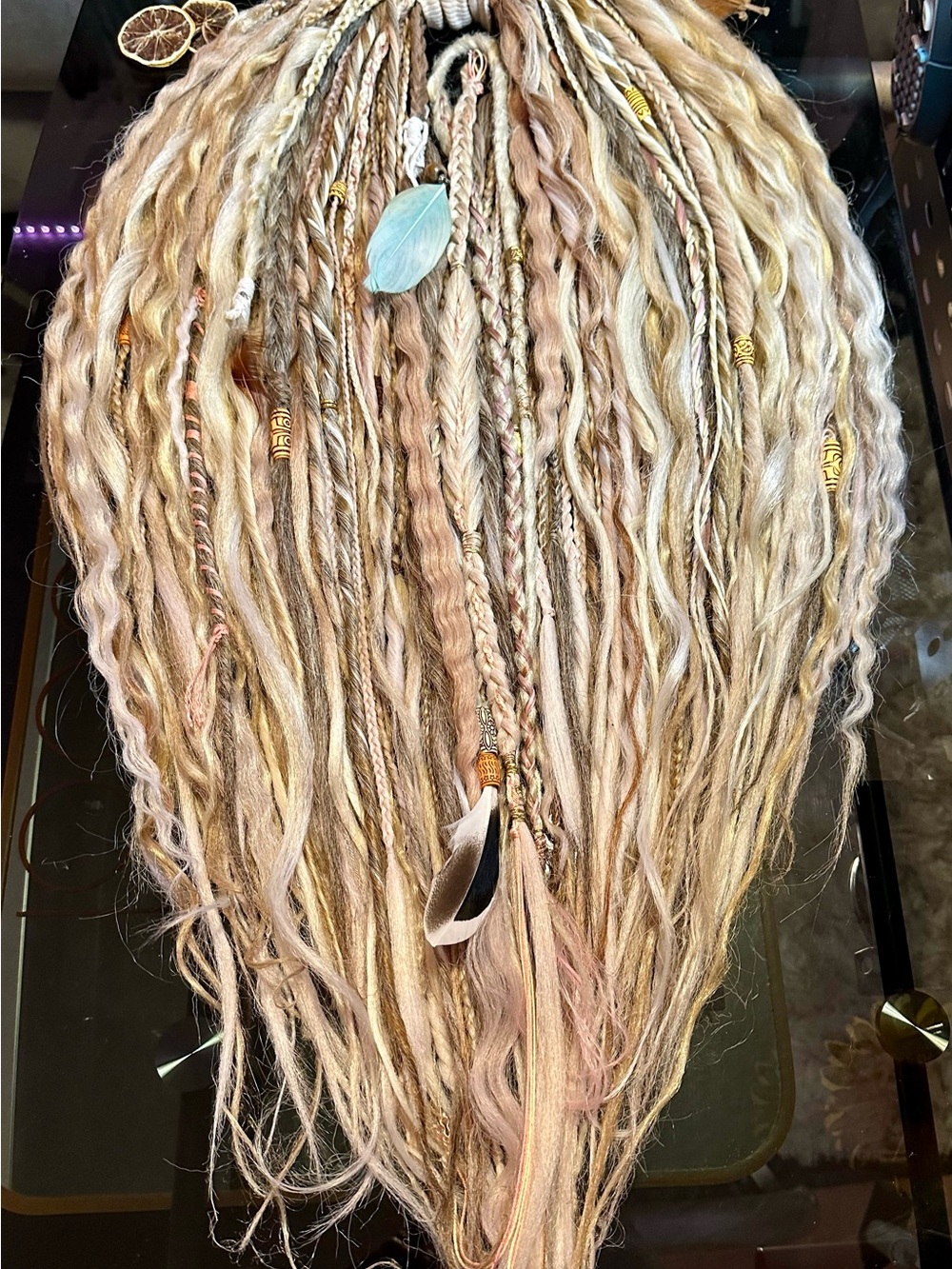 Boho Blonde Synthetic Dreadlock Hairpiece with Beads & Feathers - Picture 17 of 17